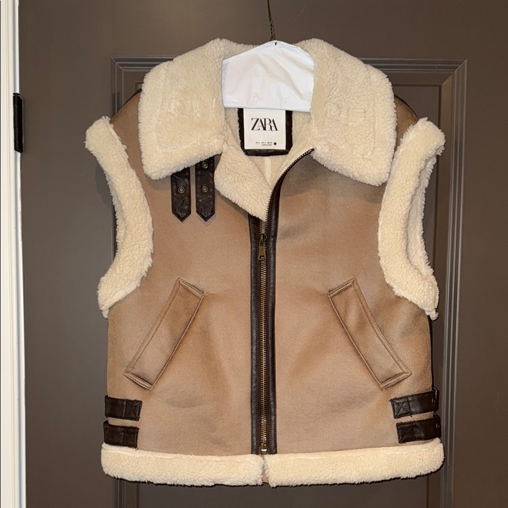 ZARA Tan and Cream Shearling Vest